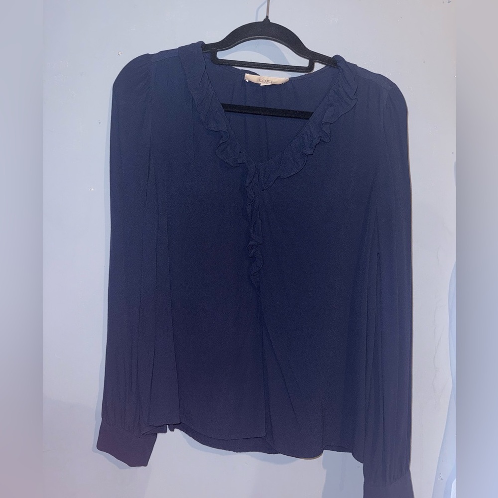 LOFT Navy Ruffle Blouse